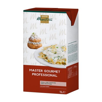 Karton 1L krim tanpa gula Master Martini Master Gourmet Professional, dipaparkan dengan puff krim dan pasta berkrim.