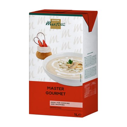 Master Martini Master Gourmet krim masakan tanpa gula, karton 1L, bersama sup krim dan pencuci mulut pastri