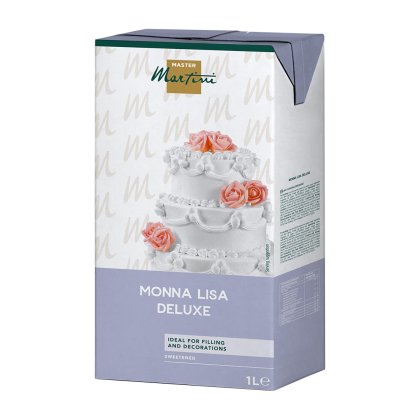 Karton 1L Master Martini Monna Lisa Deluxe topping manis, bergambar kek berlapis putih berhias mawar merah jambu