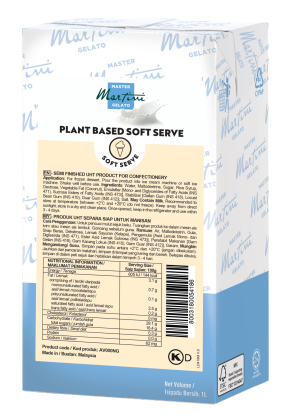 Kotak biru putih Master Martini Gelato Plant Based Soft Serve dengan label pemakanan dan kod bar, 1L