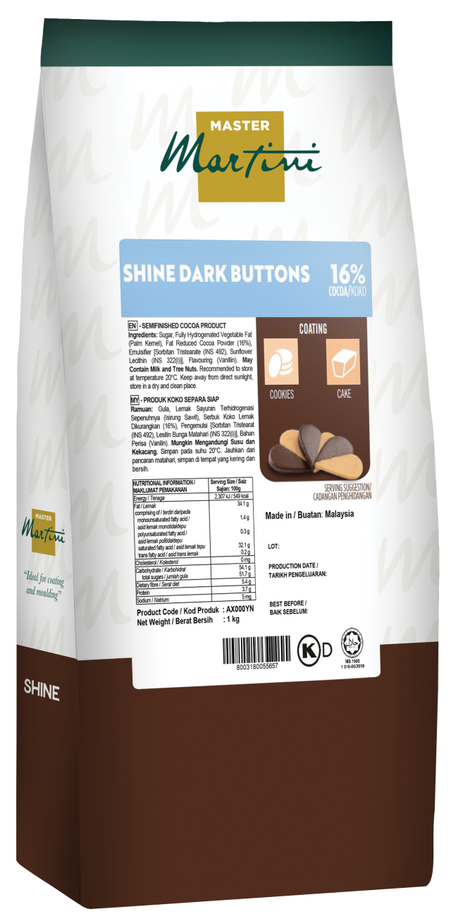 Beg pembungkusan Master Martini Shine Dark Buttons koko 16%, coklat dan putih dengan bahagian atas hijau serta ikon b...