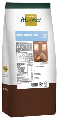 Master Martini Shine Butang Susu salutan 14%, 1kg, untuk biskut dan kek, kemasan warna kelabu biru dan coklat