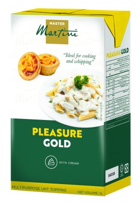 Kotak krim topping UHT Master Martini Pleasure Gold, 1L, dengan imej pastel de nata dan pasta berkrim pada pembungkusan.