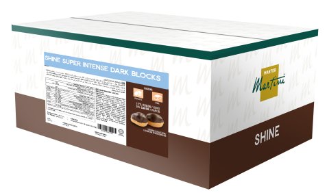 Kotak Master Martini Shine Super Intense Dark Blocks dengan ikon salutan coklat dan dua imej donat berkilat