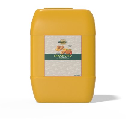 Tin plastik kuning minyak goreng superolein sawit Master Martini Friggitutto, label bergambar makanan goreng