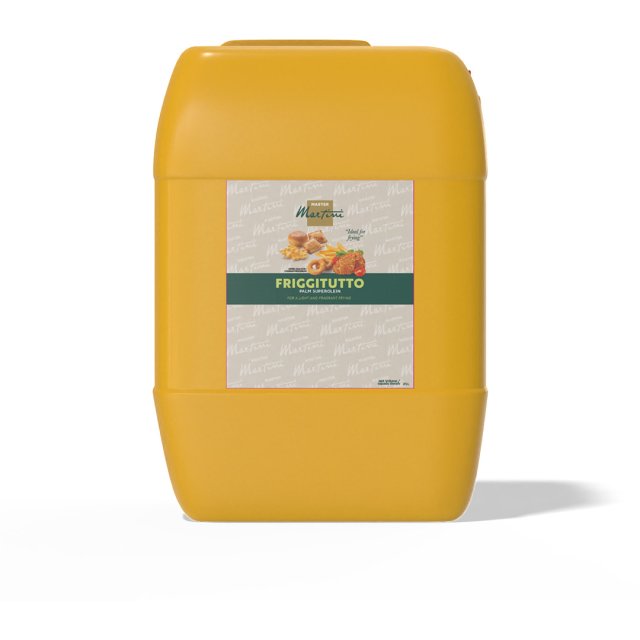 Tin plastik kuning minyak goreng superolein sawit Master Martini Friggitutto, label bergambar makanan goreng