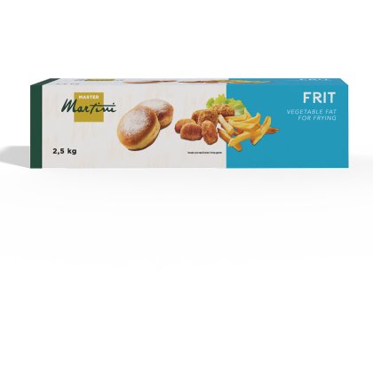 Kotak minyak sayuran penggorengan Master Martini Frit, 2.5 kg, dengan donat, nugget goreng dan kentang goreng.